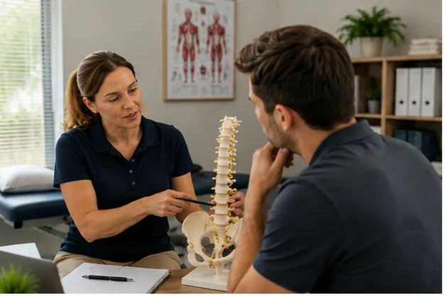 Allied Health Warriors clinician discussing spinal health and musculoskeletal education with an adult participant during an allied health consultation in Australia.