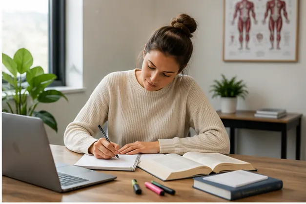 Allied health student studying clinical notes and coursework at a desk in Australia mentoring environment