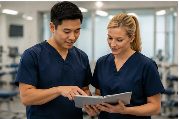 New graduate allied health clinicians reviewing clinical information together in an Australian healthcare setting