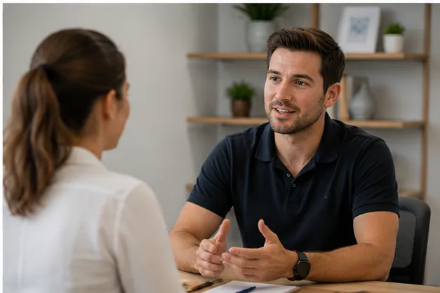 Early career allied health clinician receiving professional mentoring support during a workplace discussion
