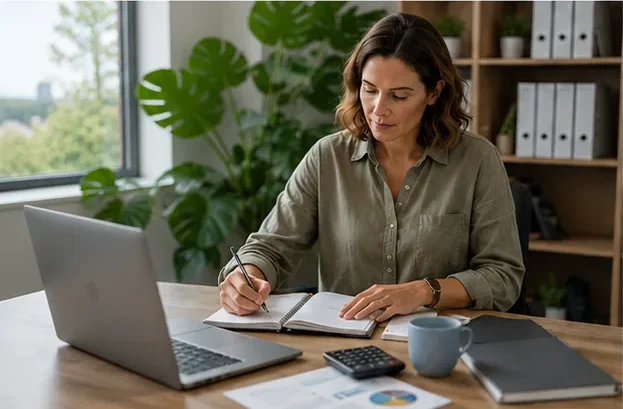 Allied health professional planning a transition into private practice while working from a modern office space