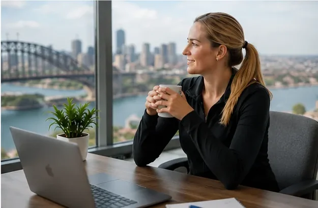 Allied health practitioner reflecting on career growth and professional development in an Australian workspace