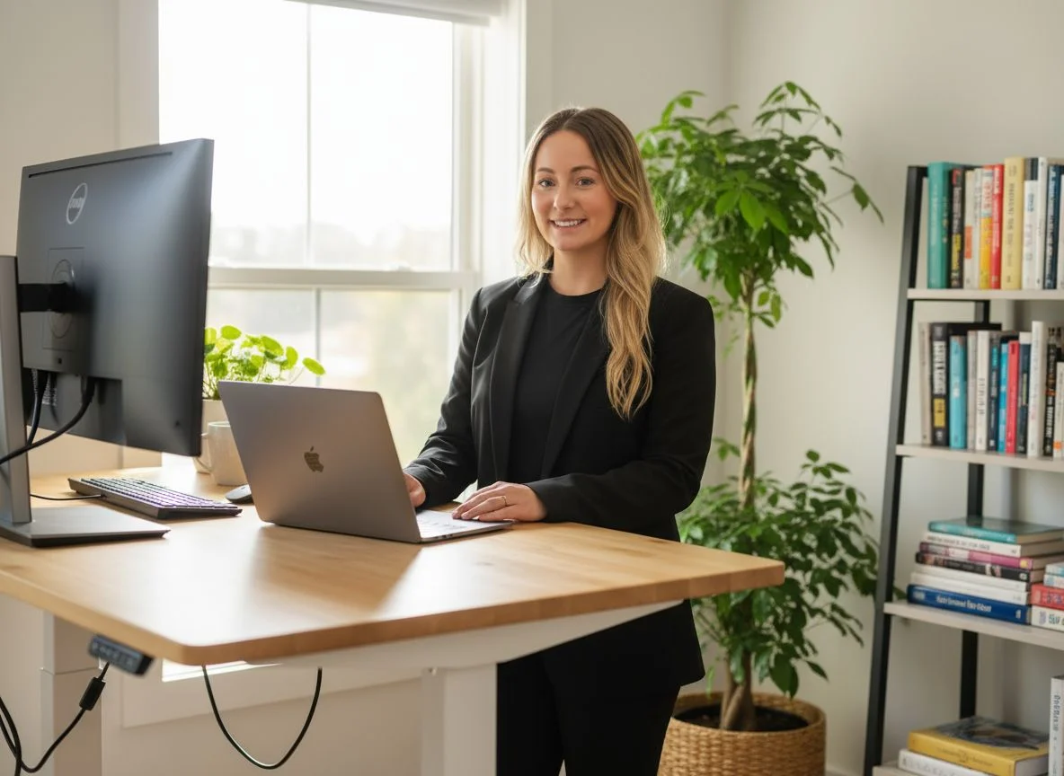 Allied health mentor working at a desk in a modern Australian office environment during a professional mentoring session 